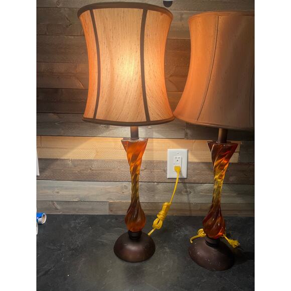 Vintage MCM Lamps Brown Amber Living Room Decor Beige Lamp Shade Set of 2 - Picture 2 of 14
